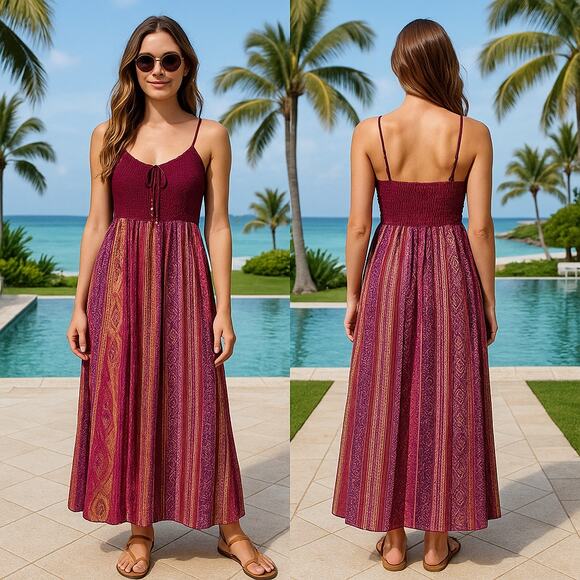 Xhilaration Women Boho Maxi Sundress Dress L Vibrant Smock Back Festival Beachy - Picture 14 of 14